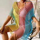 Knitted Contrast Tassel Bikini Summer Beach Cover Up Sexy Hollow Out Women V Neck Loose Beachwear Sunscreen Smock - M & M Global