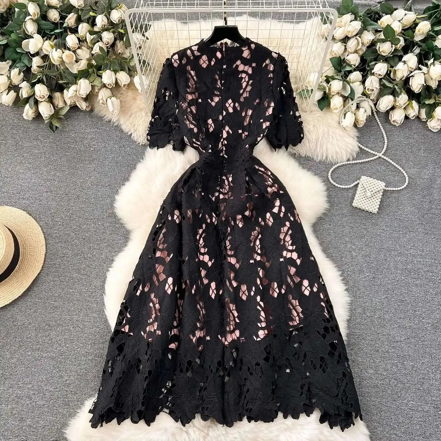 Elegant Flower Embroidery Lace Hollow Out Midi Dresses Women's 2025 Summer O Neck Short Sleeve Casual Long Dress Party Vestidos - M & M Global