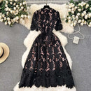 Elegant Flower Embroidery Lace Hollow Out Midi Dresses Women's 2025 Summer O Neck Short Sleeve Casual Long Dress Party Vestidos - M & M Global