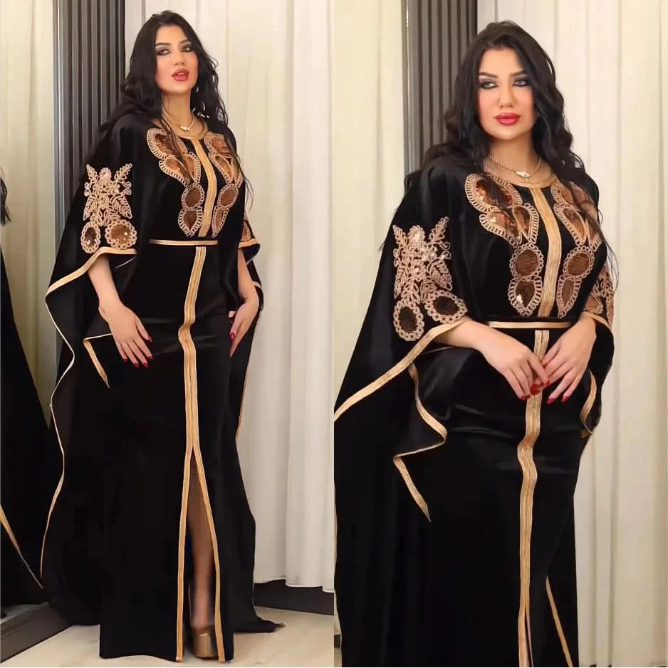 Ramadan Luxury Muslim Fashion Bat Sleeve Moroccan Turkiye Dubai Dress Middle East Arab Dress Sequins Golden Velvet Long Dress - M & M Global
