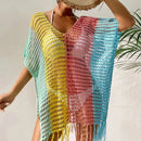 Knitted Contrast Tassel Bikini Summer Beach Cover Up Sexy Hollow Out Women V Neck Loose Beachwear Sunscreen Smock - M & M Global