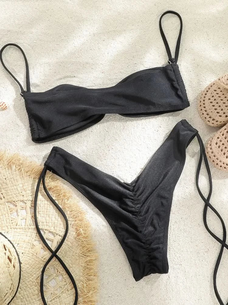 Woman swimsuits String Bikini Set Women High Cut Swimwear Sexy Bathing Suit Bandage Biquini Female Pleated Beachwear Summer - M & M Global