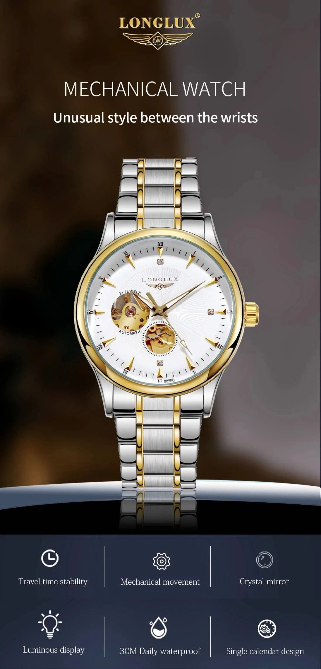 LONGLUX Men automatic mechanical watch elegant luxury watches waterproof skeleton business wholesale stainless steel gift watch - M & M Global