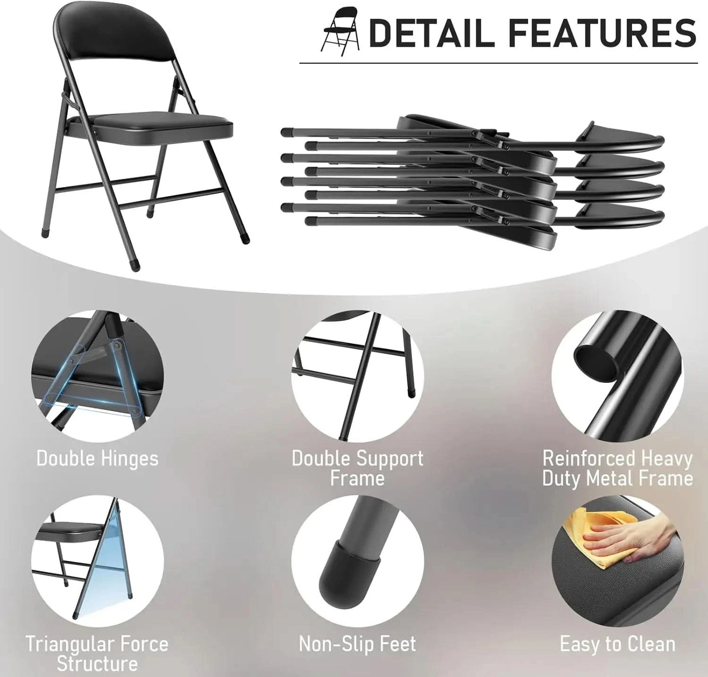 6 Pack Black Folding Chairs with Padded Cushion and Back for Outside Portable Stackable Commercial Foldable Chairs