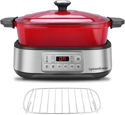 Electric Dutch Oven Multi-Cooker, 5.8QT Enameled Cast Iron Pot - 1250W Fast Heating, 6 Preset Functions, Digital Display & Keep - M & M Global
