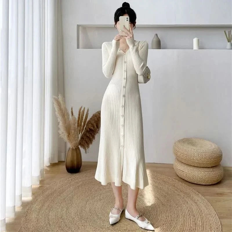 Lucyever Elegant Knitted Long Dress for Women Korean Chic Buttons Slim Fit Midi Dresses Female Streetwear V Neck Party Vestidos - M & M Global