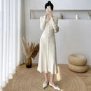 Lucyever Elegant Knitted Long Dress for Women Korean Chic Buttons Slim Fit Midi Dresses Female Streetwear V Neck Party Vestidos - M & M Global