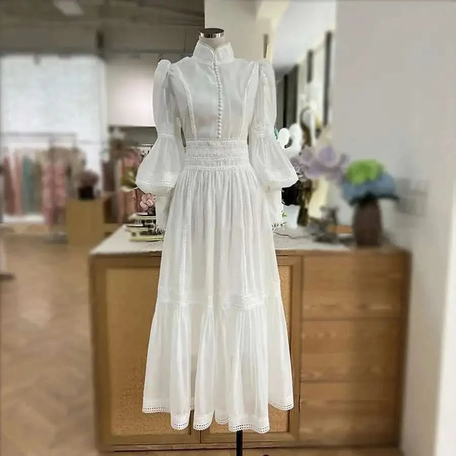 UCXQ Elegant Long Dress Fairy Style Stand Up Collar Lantern Sleeves Splicing Waist Fashion Dresses Women 2025 Spring Autumn 1351 - M & M Global