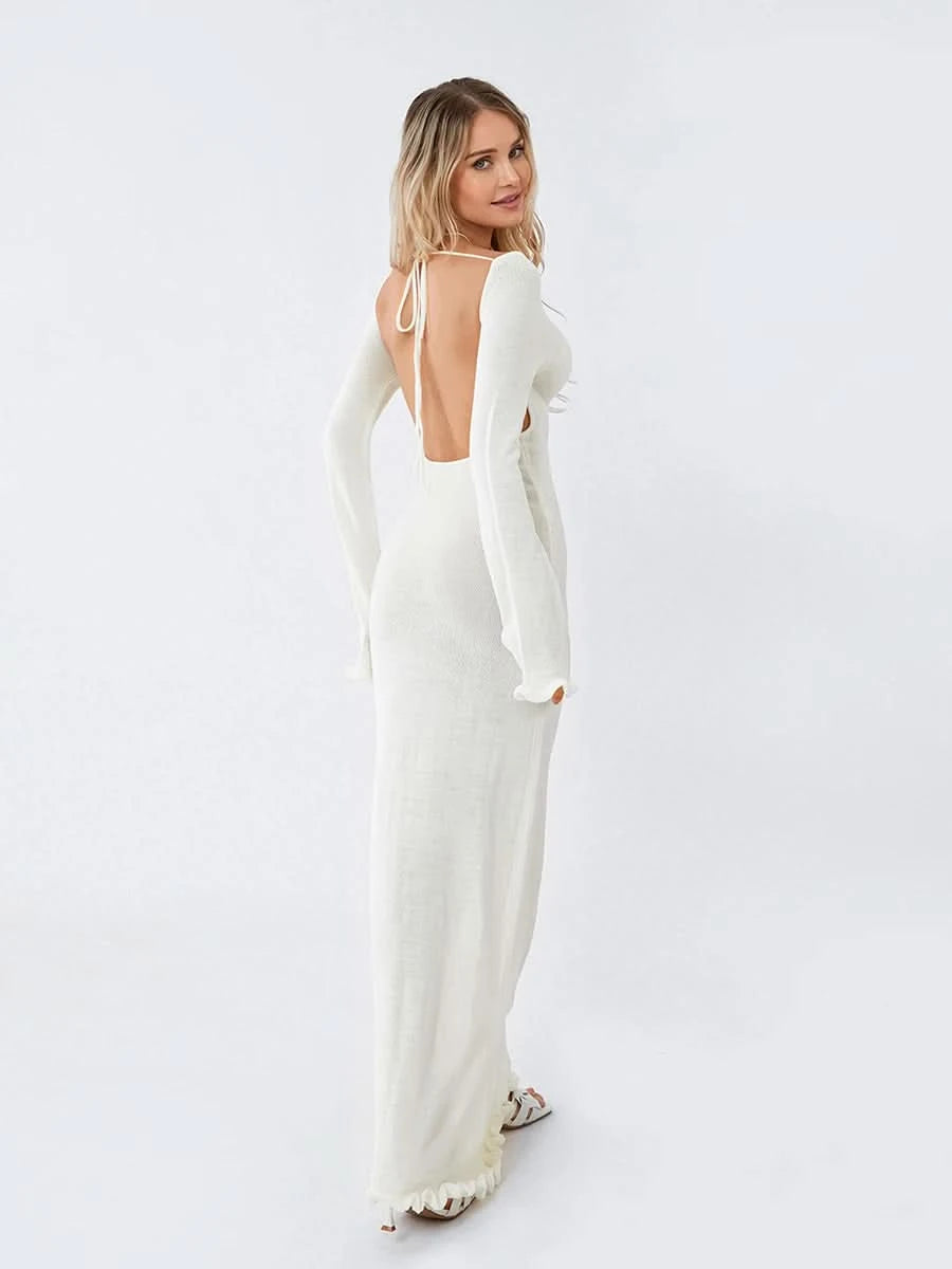 Women's Autumn Winter Knitted Bodycon Dress Long Sleeve Tie Backless Round Neck Solid Color Ruffle Trim Long Dress Beachwear - M & M Global