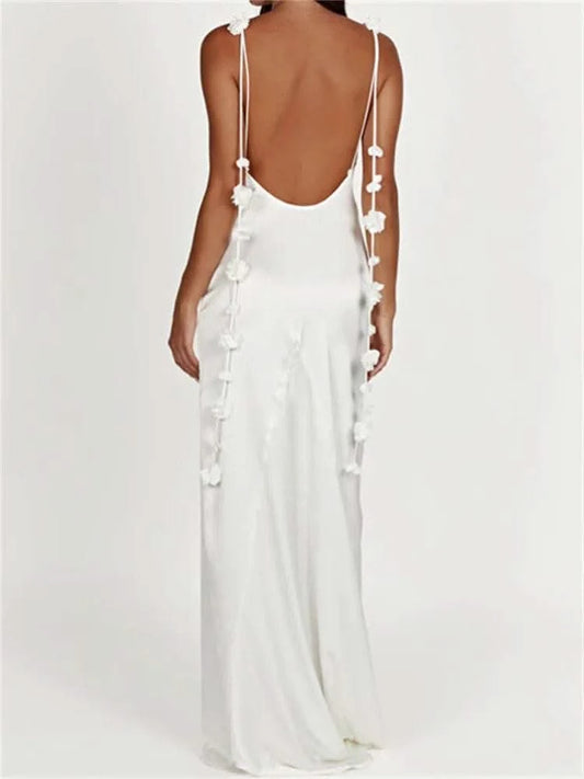 CHRONSTYLE Satin Backless Spaghetti Strap Long Dress for Women Sexy Backless 3D Flower Tassels Dress Party Cocktail Y2K Vestidos - M & M Global