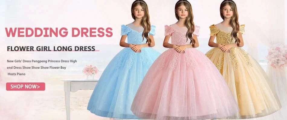 Girls flower pearl long sleeved princess dress 4-12 years old elegant bow printed long dress carnival birthday party performance - M & M Global