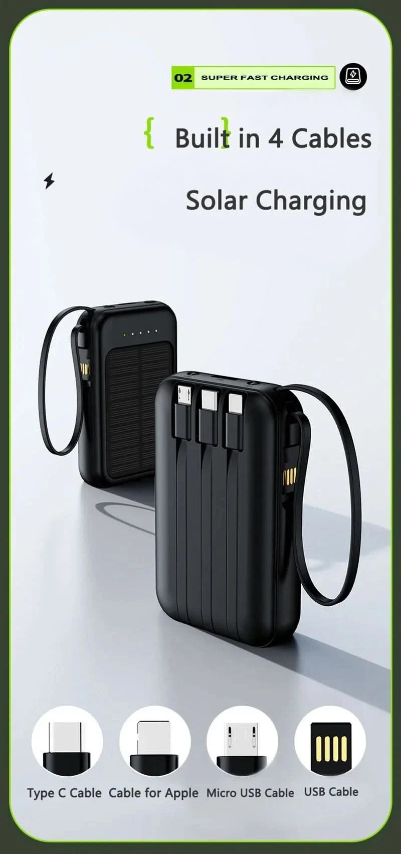 Solar Power Bank Built 4 Cables Portable Charger External Spare Battery Mini Powerbank with LED Light for IPhone Xiaomi Huawei - M & M Global