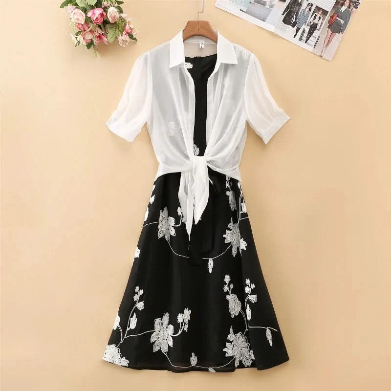 New Elegant Suit Two-piece Dress High Waist Sleeveless Slim A-line Skirt Floral Embroidery White Top Bow Belt Vintage  WOMEN - M & M Global