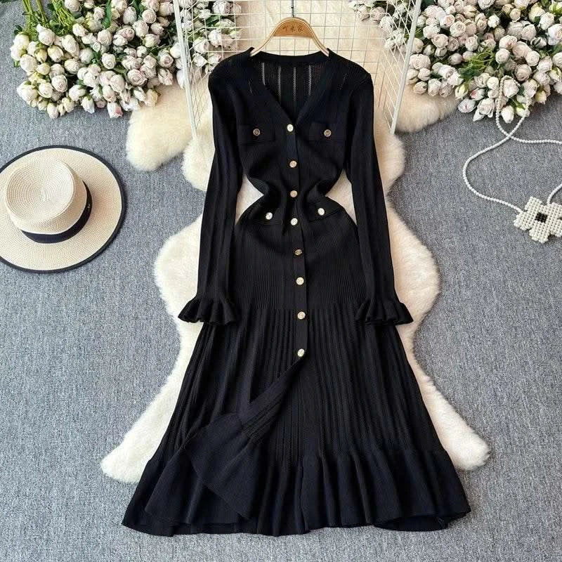 2024 Green Fashion Autumn Winter Knitted Long Dress French Style Letter Buttons Elegant Sweater Dress Lady Office Bodycon - M & M Global