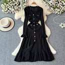 2024 Green Fashion Autumn Winter Knitted Long Dress French Style Letter Buttons Elegant Sweater Dress Lady Office Bodycon - M & M Global