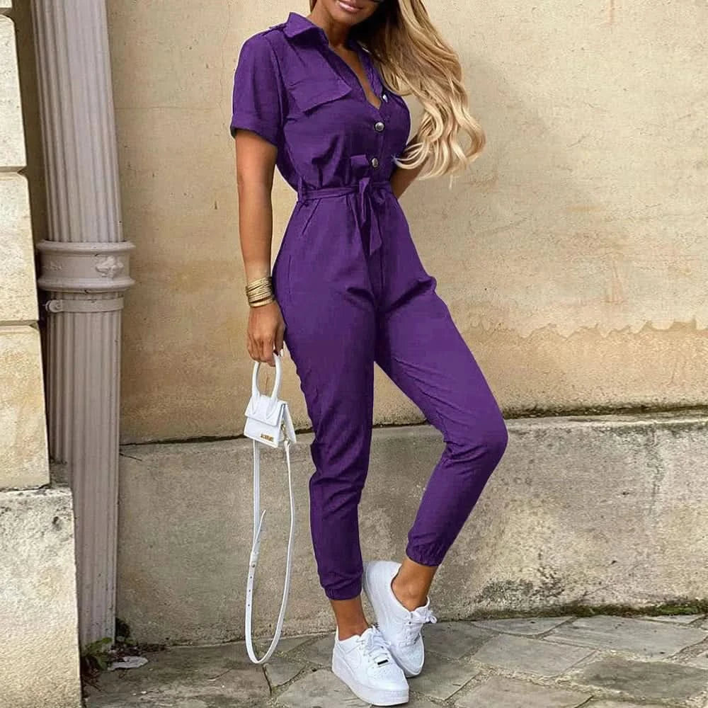 Women's Monochromatic Belt Workwear Jumpsuit, Casual Pants, Flip Collar, Buckle, European and American, Summer, 2024 - M & M Global