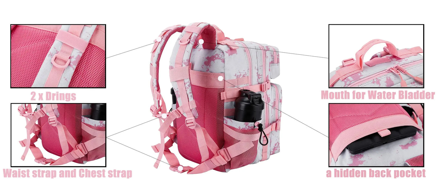 LHI 45L Tactical Backpack Waterproof Tie-Dye Sports Travel Daily Gym Rucksacks Weekend Overnight Daypack With Bottle holder - M & M Global