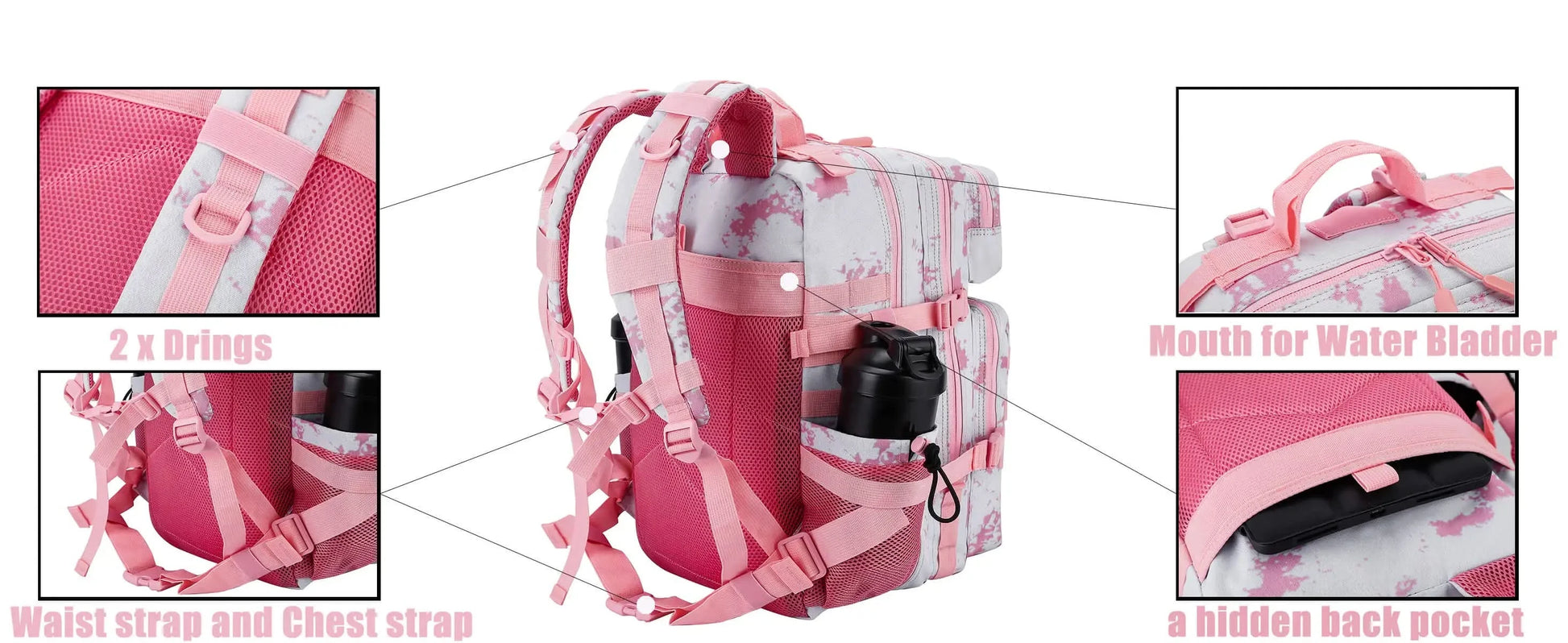 LHI 45L Tactical Backpack Waterproof Tie-Dye Sports Travel Daily Gym Rucksacks Weekend Overnight Daypack With Bottle holder - M & M Global