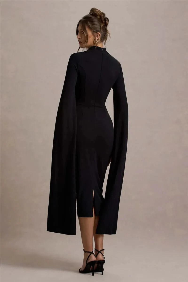 Mozision Cape Long Sleeve Sexy Midi Dress For Women Autumn Winter New Square Collar Back Slit Bodycon Club Party Long Dress - M & M Global