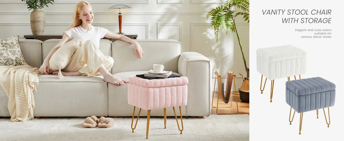 JHK Faux Fur Bedroom seating Hidden Storage Stools Ottomans Padded Makeup with 4 Metal Legs Anti-Slip Adjustable Feet for Home