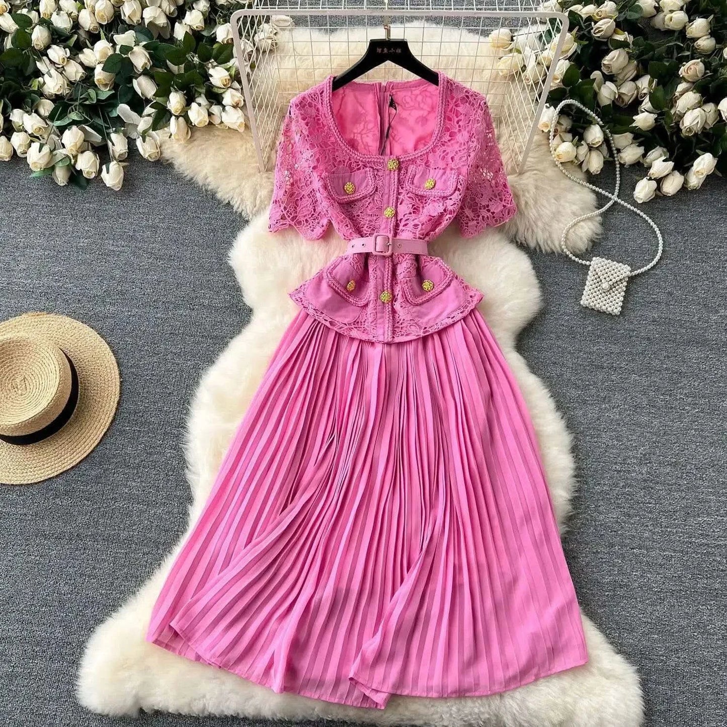 Designer 2025 Summer Pleated Chiffon Lace Long Dress Women Flower Embroidery Gold Button Belt Evening Party Dresses Wedding Robe - M & M Global