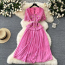 Designer 2025 Summer Pleated Chiffon Lace Long Dress Women Flower Embroidery Gold Button Belt Evening Party Dresses Wedding Robe - M & M Global