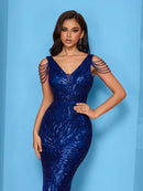Elegant V-Neck Beading Green Sequin Evening Dress Long New Luxury Women Formal Mermaid Party Prom Graduation Cocktail Gowns