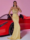 Elegant Slit Gold Sequrin Formal Evening Dress Women Long Luxury Mermaid Deep V-neck Caicktail Gown Party Prom Dress