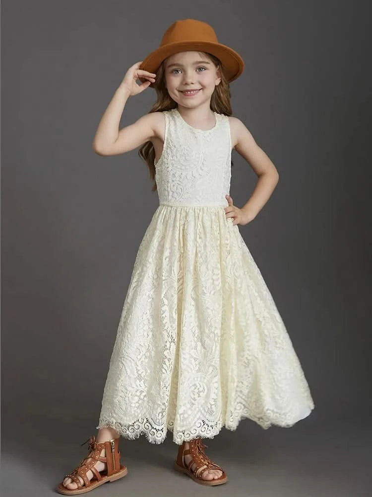 Plus Size Princess Girls Cotton Lace Party Long Dress Baby Kids Flower Girl Wedding Birthday Children Clothing 2 4  6 8 10 12 14 - M & M Global
