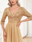 Luxury Floor Length V-Neck Evening Dress 2025 Women Elegant Party Maxi Dress Sequin Short Sleeves Prom Cocktail Gown