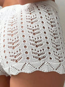 Polyester100.00% Hollow Drawstring Open Waist Knitted Bikini Blocked Women's Shorts - M & M Global