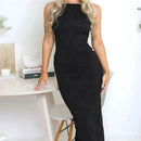 2024 Sexy Women Long Dress Ruched Sleeveless Slim Solid Summer Party Back Split Dress Clubwear Female Vestido Outfits - M & M Global