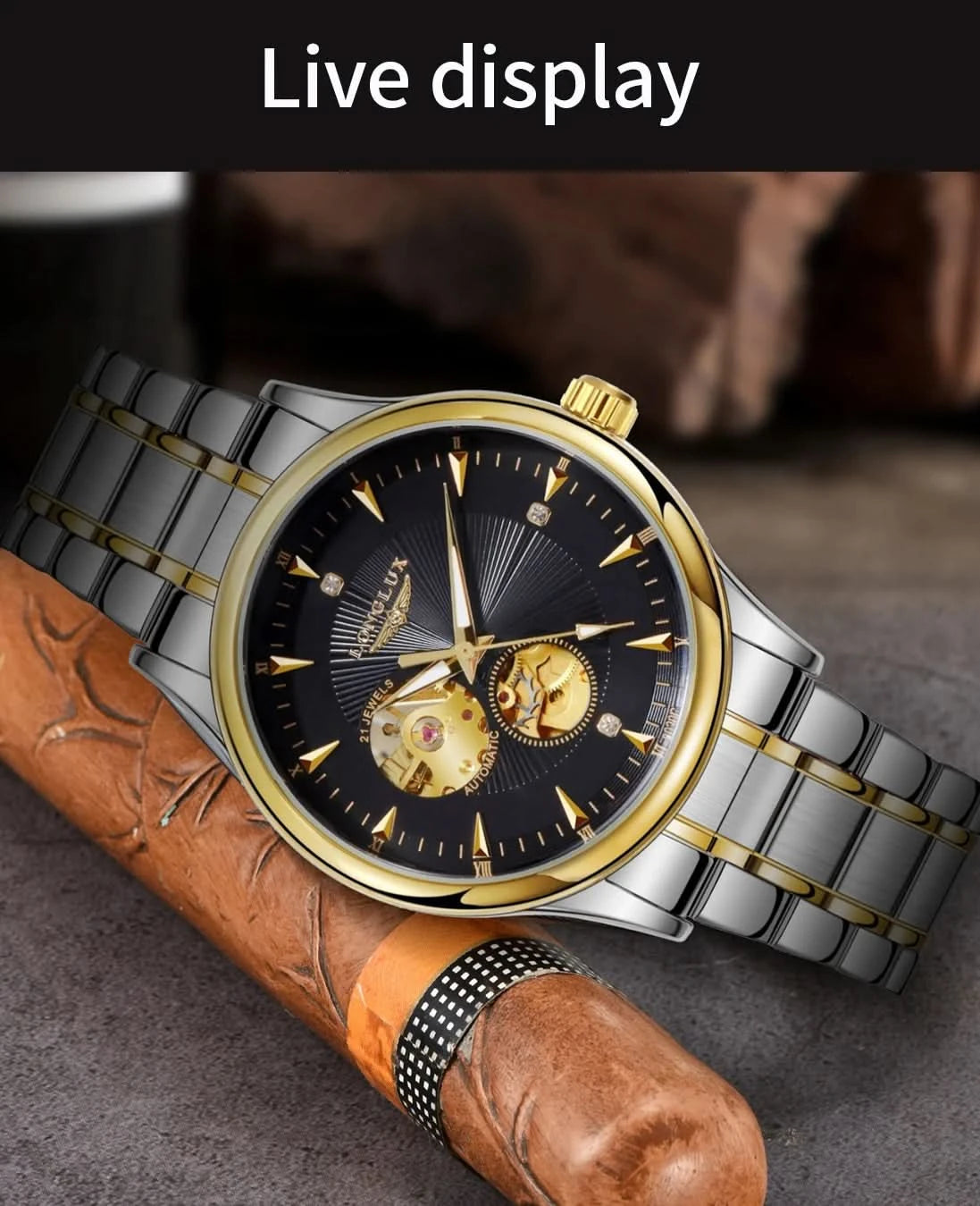 LONGLUX Men automatic mechanical watch elegant luxury watches waterproof skeleton business wholesale stainless steel gift watch - M & M Global