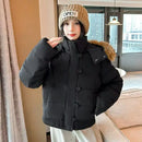 Y2K American Retro Fluffy Fur Collar Hooded Cotton Coat Women Solid Cream Winter Warm Slim Casual Jacket