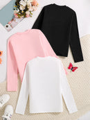 4-Pack of Girls' Spring and Autum Thin New Bottoming Round Neck Loose Versatile Long-Sleeved Tops Printed Children's Clothing