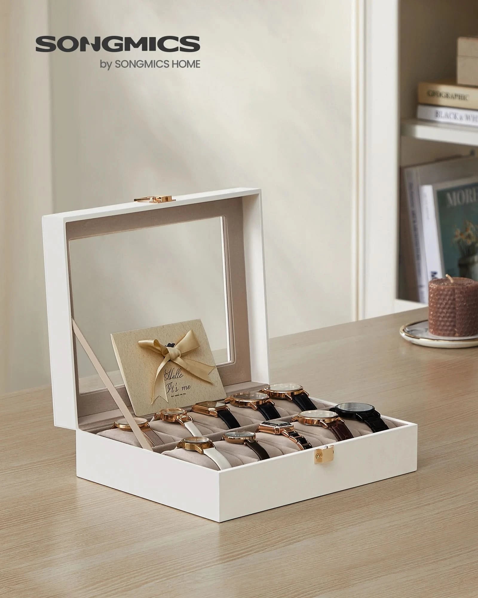 SONGMICS Watch Box, 10-Slot Watch Case with Large Glass Lid, Removable Watch Pillows, Watch Box Organizer, Gift for Loved Ones - M & M Global