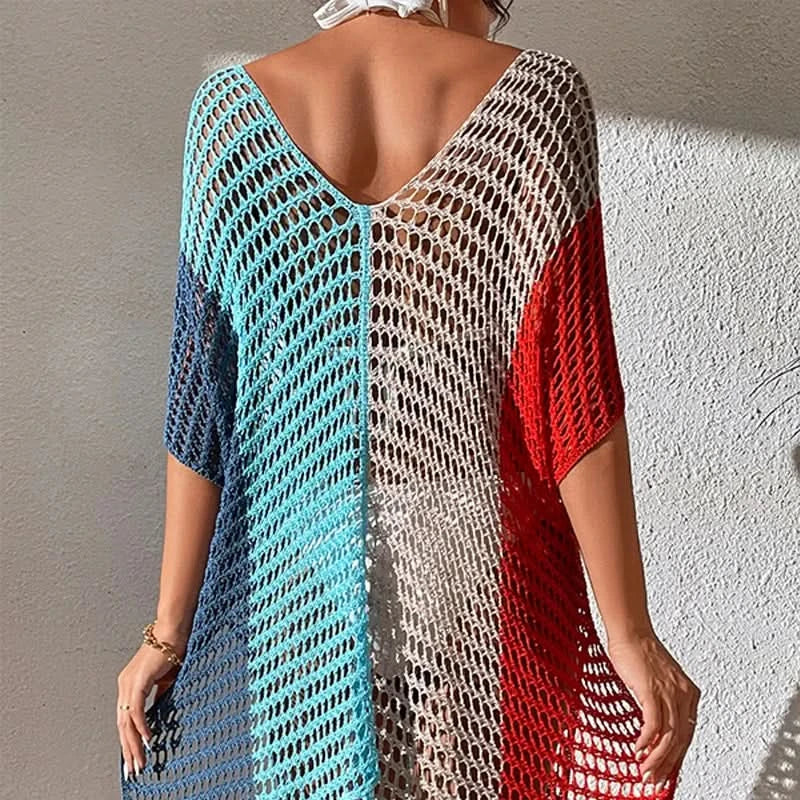 Knitted Contrast Tassel Bikini Summer Beach Cover Up Sexy Hollow Out Women V Neck Loose Beachwear Sunscreen Smock - M & M Global