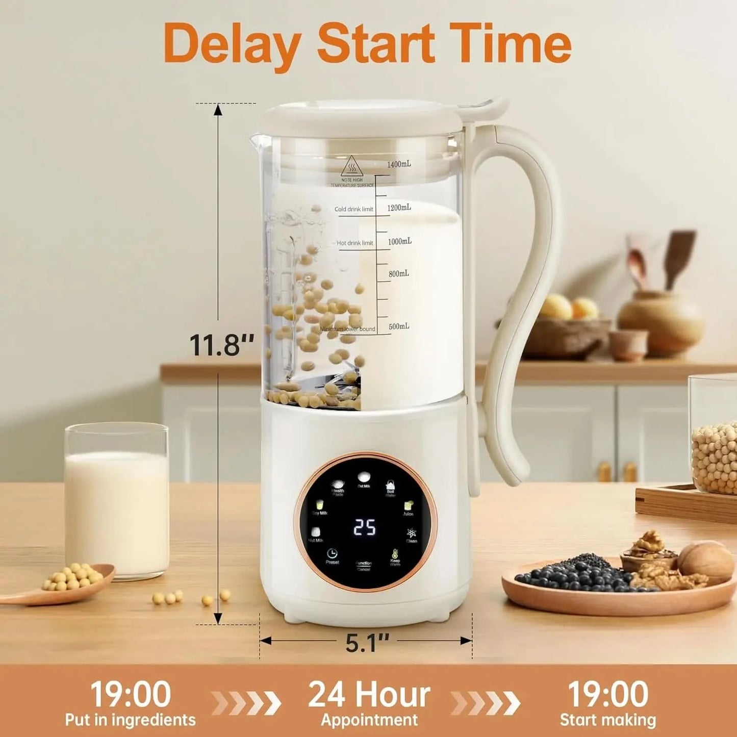 47 oz Nut Milk Maker Machine with 16 Blades, Automatic Homemade Almond, Oat, Soy, Plant-Based Milk and Dairy Free Beverages, Alm - M & M Global