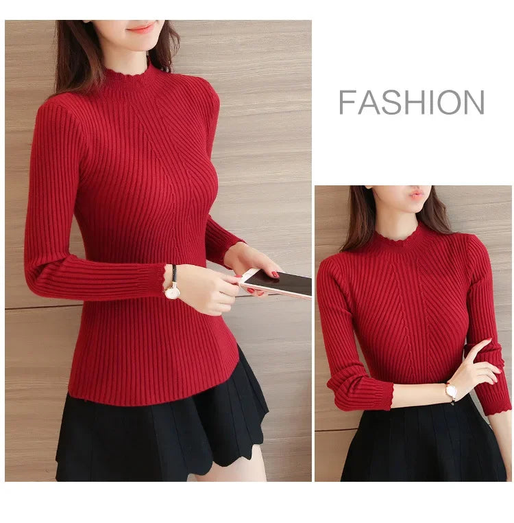 2025 Autumn Women Mock Neck Ruffles Sweater Long Sleeve Knitted Bottoming Solid Pullovers Stripe Women Casual Sweater Winter