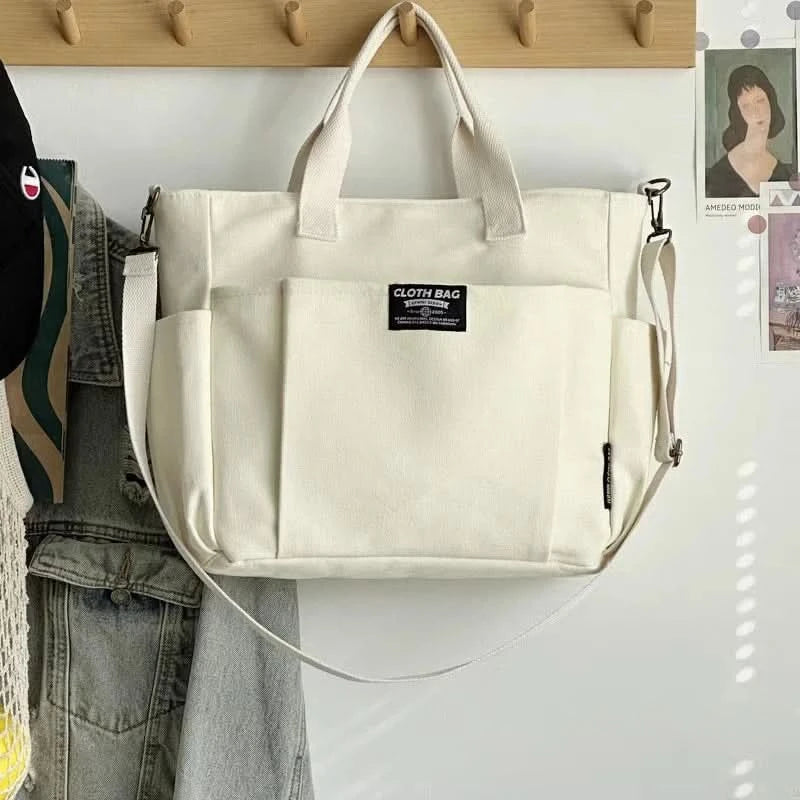 Urban Minimalist Female Student Large Capacity Commuting Horizontal Canvas Single Shoulder Diagonal Cross Portable Tote Bag - M & M Global
