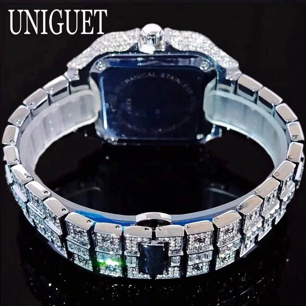 2025 UNIGUET Luxury Diamond Watch For Men With Rainbow Dial Calendar Quartz Watches Fashion Hip Hop Iced Out Wristwatch Man Gift - M & M Global