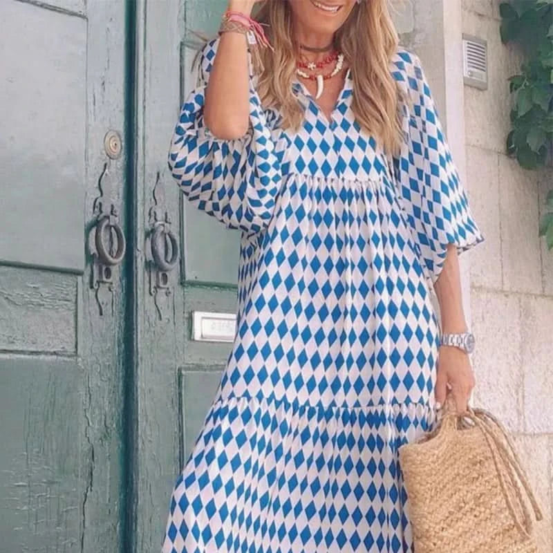 Summer Puff Sleeve Long Dress Women Geometric Print Half Sleeve Dress Boho V-Neck Loose Holiday Beach Dress Vestidos - M & M Global