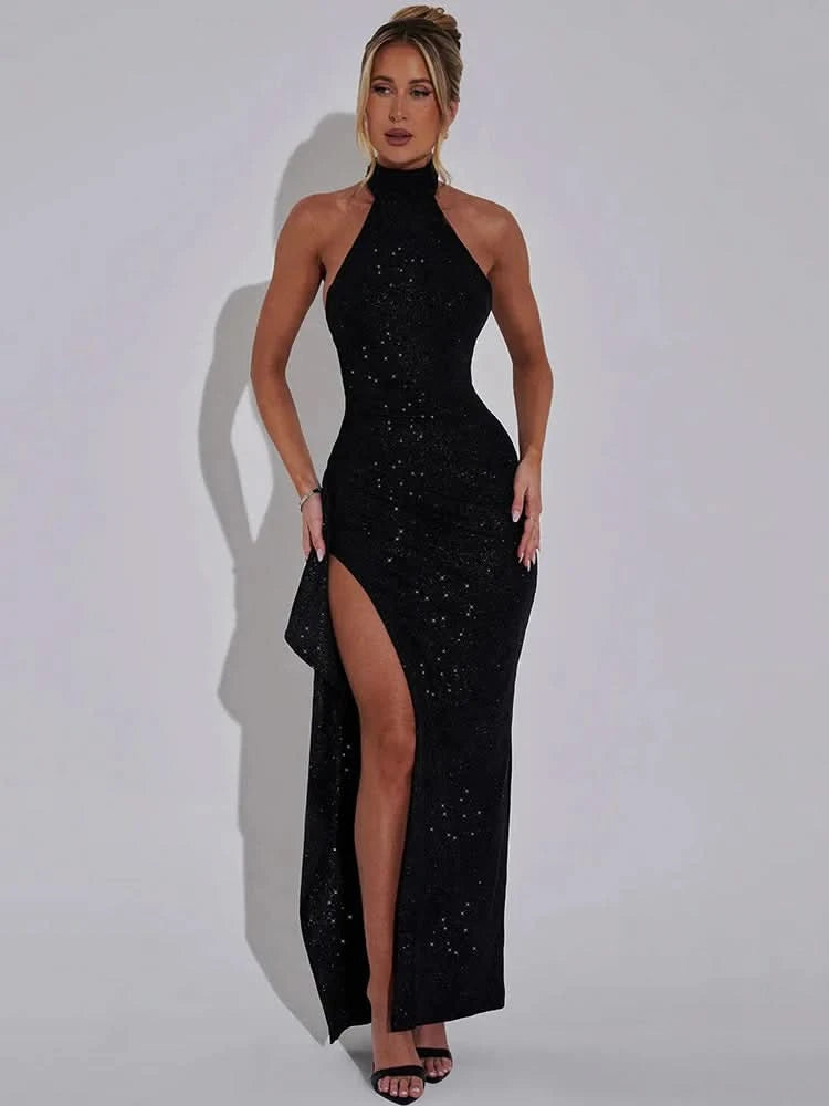 Mozision Sparkle Thigh High Split Sexy Maxi Dress Women Gown Black Half High Collar Sleeveless Backless Bodycon Sexy Long Dress - M & M Global