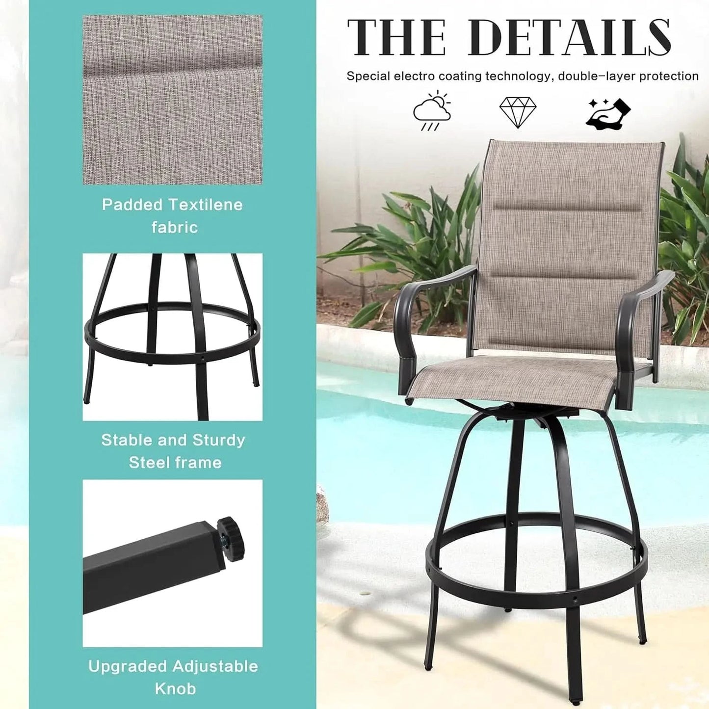 2 Piece Outdoor Patio Swivel Bar Chairs, All Weather Padded Sling Textile High Top Bar Stools, Bistro Set for Backyard