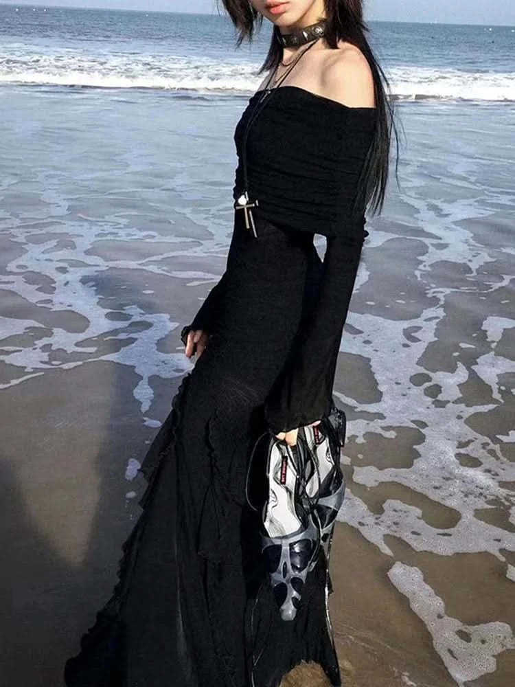 IAMSURE Elegant Fashion Dark Ruffles Split Long Dress Gothic Slash Neck Long Sleeve Maxi Dresses For Women 2023 Holiday Beach - M & M Global