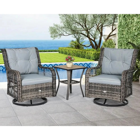 3 Piece Patio Outdoor Swivel Glider Rocker Wicker Patio Bistro Rocking Set with Wood-Grain Table for Garden, Backyard and Balco