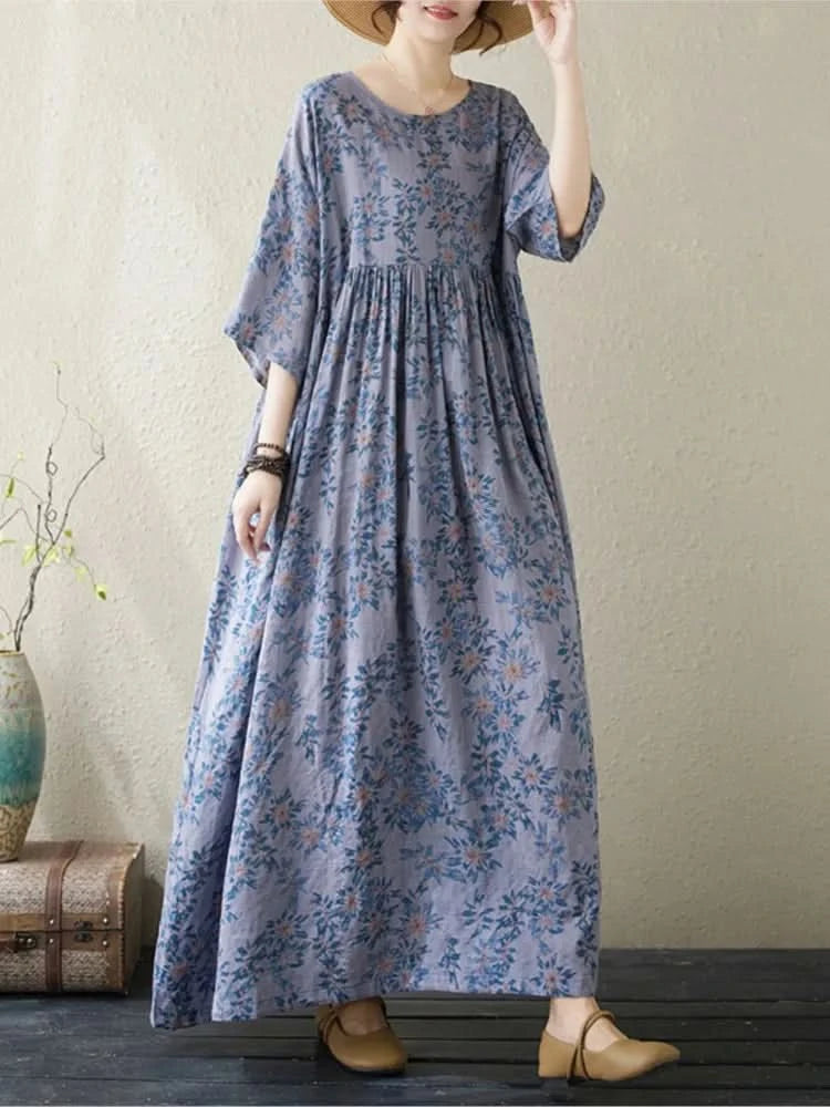 Oversized Summer Long Dress Women Floral Print Fashion Short Sleeve Ladies Dresses Casual Loose Ruffle Pleated Woman New Dress - M & M Global