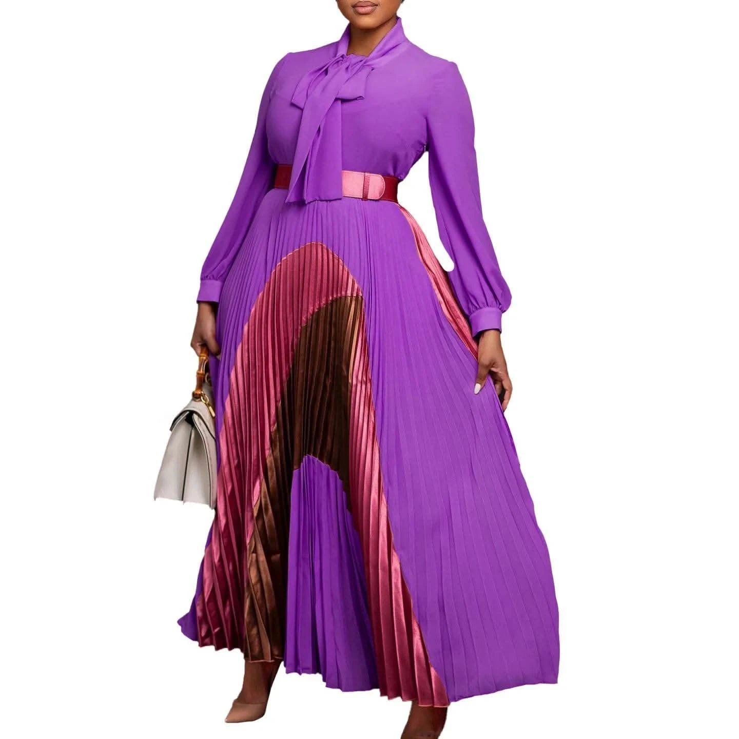 CM.YAYA Elegant Women Wraped Bow Neck Long Sleeve with Sashes Maxi Long Dress Chic INS Sexy Party Prom Big Swing Pleated Dresses - M & M Global