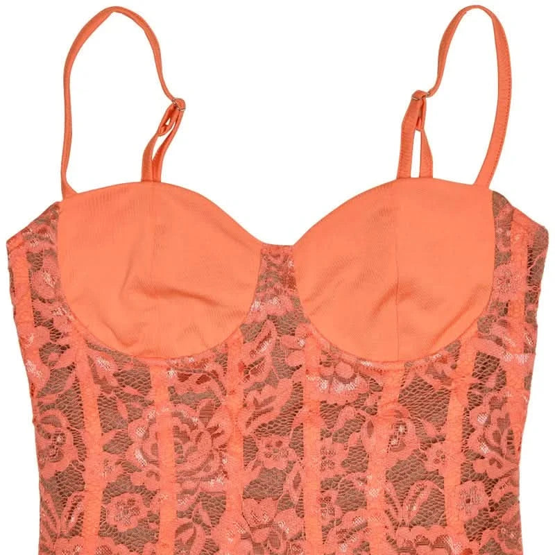 Mozision Floral Lace Sexy Maxi Dress For Women Orange Spaghetti Strap Sleeveless Backless Bodycon Club Party Long Dress Elegant - M & M Global