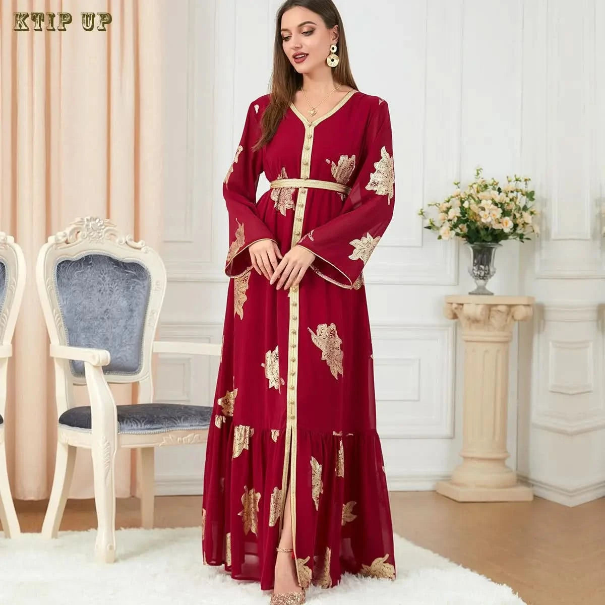 Ramadan Luxury Muslim Fashion Bat Sleeve Moroccan Turkiye Dubai Dress Middle East Arab Dress Sequins Golden Velvet Long Dress - M & M Global